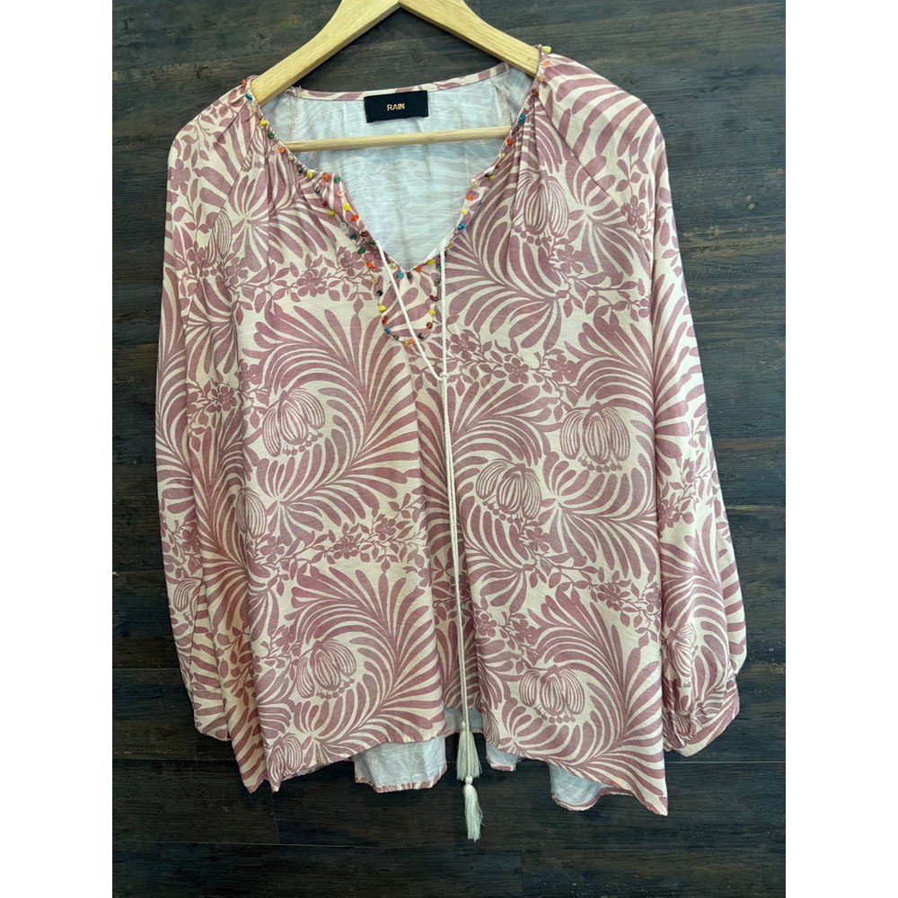 Rain Women Mauve Floral Peasant Blouse Tassel Tie Beaded Neck Long Sleeve Top